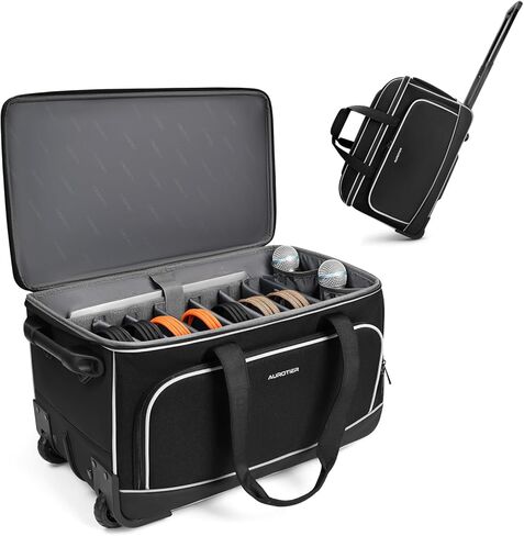 Large Rolling DJ Cable Bag with Wheels, Reinforced Padded Gig Bag with 8 Detachable Divider, Multi-Pocket for 17" Laptop, Microphone, Cord, Headset & Music Accessories in Kuwait