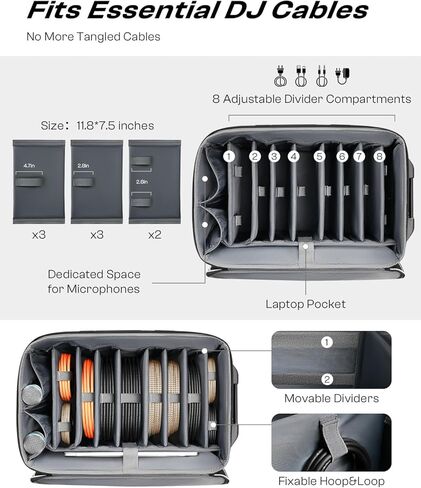 Large Rolling DJ Cable Bag with Wheels, Reinforced Padded Gig Bag with 8 Detachable Divider, Multi-Pocket for 17" Laptop, Microphone, Cord, Headset & Music Accessories in Kuwait