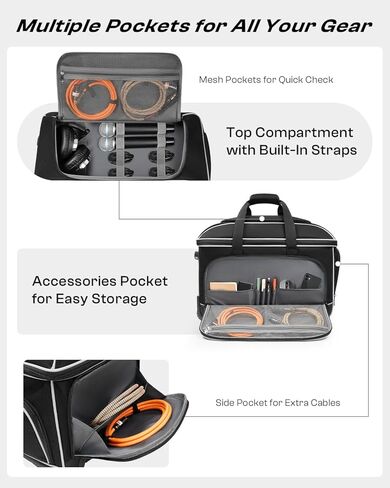 Large Rolling DJ Cable Bag with Wheels, Reinforced Padded Gig Bag with 8 Detachable Divider, Multi-Pocket for 17" Laptop, Microphone, Cord, Headset & Music Accessories in Kuwait