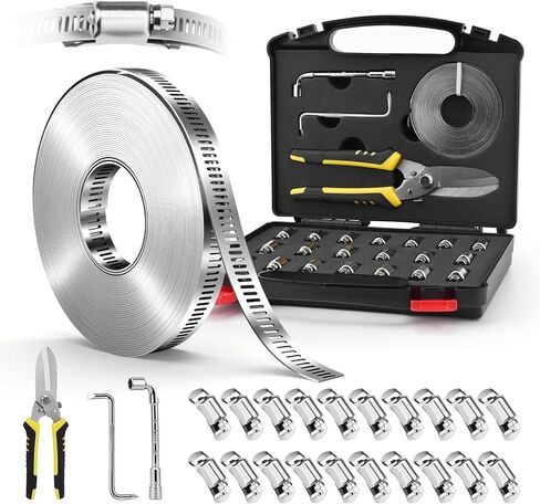 Hose Clamps Stainless Steel, Cut-To-Fit 32.81FT Metal Strap and 20 Fasteners, Worm Gear Drive Hose Clamp Metal Fuel Line Pipe Clamp for Plumbing, Automotive And Mechanical Application in Saudi Arabia