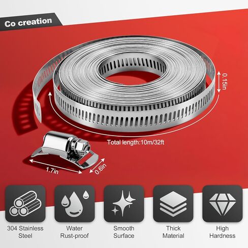 Hose Clamps Stainless Steel, Cut-To-Fit 32.81FT Metal Strap and 20 Fasteners, Worm Gear Drive Hose Clamp Metal Fuel Line Pipe Clamp for Plumbing, Automotive And Mechanical Application in Saudi Arabia