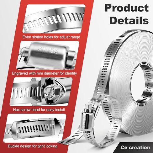 Hose Clamps Stainless Steel, Cut-To-Fit 32.81FT Metal Strap and 20 Fasteners, Worm Gear Drive Hose Clamp Metal Fuel Line Pipe Clamp for Plumbing, Automotive And Mechanical Application in Saudi Arabia