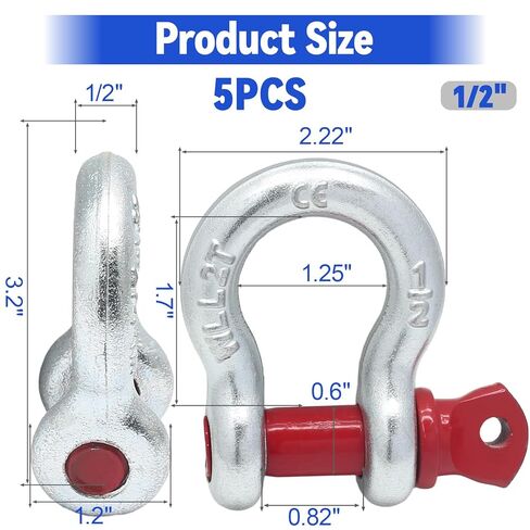 5 Pcs Heavy Duty D Ring Anchor Shackles, 1/2" Galvanized Clevis Shackle Screw Pin, 2 Ton (4408 lbs) Shackle for Tow Strap/Winch/Traction Steel Wire/Vehicle Recovery in Kuwait