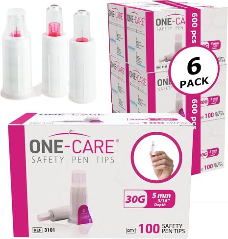 MediVena ONE-CARE Safety Pen Needles, 30G x 5mm, Case of 600 (6 x 100/bx), Compatible with Most Pen Injectors in Kuwait