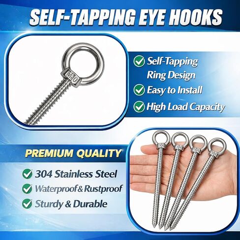 خطافات عين M10 شديدة التحمل، براغي ثقب ذاتية التنصت مقاس 7.7 بوصة، سعة تحميل 850 رطل، 304 مسامير عين مغلقة من الفولاذ المقاوم للصدأ للأرجوحة، كرسي متأرجح، هوائي اليوغا، تعليق داخلي/خارجي (4 عبوات) in Kuwait