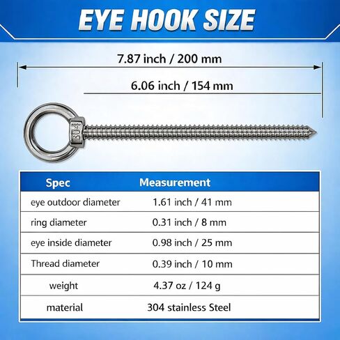 خطافات عين M10 شديدة التحمل، براغي ثقب ذاتية التنصت مقاس 7.7 بوصة، سعة تحميل 850 رطل، 304 مسامير عين مغلقة من الفولاذ المقاوم للصدأ للأرجوحة، كرسي متأرجح، هوائي اليوغا، تعليق داخلي/خارجي (4 عبوات) in Kuwait