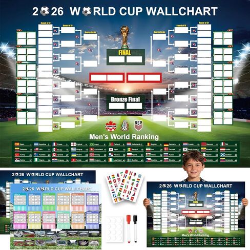2PCS World Cup Schedule Poster, World Cup 2026 Merchandise, Soccer Posters Set 35.4"x23.6" Tournament Bracket, Group Stage Poster with Stickers, Soccer Decorations for Home Office, Fan Gift in Saudi Arabia
