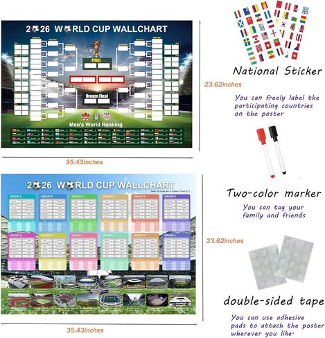 2PCS World Cup Schedule Poster, World Cup 2026 Merchandise, Soccer Posters Set 35.4"x23.6" Tournament Bracket, Group Stage Poster with Stickers, Soccer Decorations for Home Office, Fan Gift in Saudi Arabia