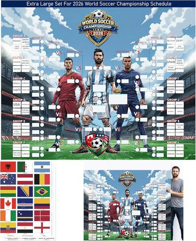 كأس العالم 2026 من mascotwish - حامل ملصق جدول - 5.2 قدم × 4.1 قدم مخطط حائط كبير لبطولة كرة القدم مع ملصقات العلم، ومتتبع مباراة الفينيل لديكور الحفلات لبطولة كرة القدم العالمية 2026 in Kuwait