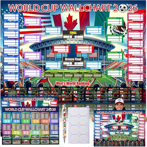 World Cup Schedule Poster 2026&Final Round 48-Team Collection Showcase,2Pcs Functional Folded Poster&Ballpoint Pen,Football World Cup Soccer Merchandise&Accessories Decorations,Gifts for Soccer Fans in Saudi Arabia
