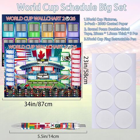 World Cup Schedule Poster 2026&Final Round 48-Team Collection Showcase,2Pcs Functional Folded Poster&Ballpoint Pen,Football World Cup Soccer Merchandise&Accessories Decorations,Gifts for Soccer Fans in Saudi Arabia