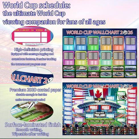 World Cup Schedule Poster 2026&Final Round 48-Team Collection Showcase,2Pcs Functional Folded Poster&Ballpoint Pen,Football World Cup Soccer Merchandise&Accessories Decorations,Gifts for Soccer Fans in Saudi Arabia