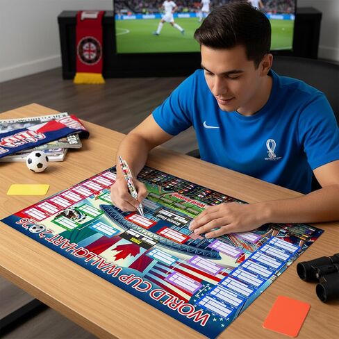 World Cup Schedule Poster 2026&Final Round 48-Team Collection Showcase,2Pcs Functional Folded Poster&Ballpoint Pen,Football World Cup Soccer Merchandise&Accessories Decorations,Gifts for Soccer Fans in Saudi Arabia