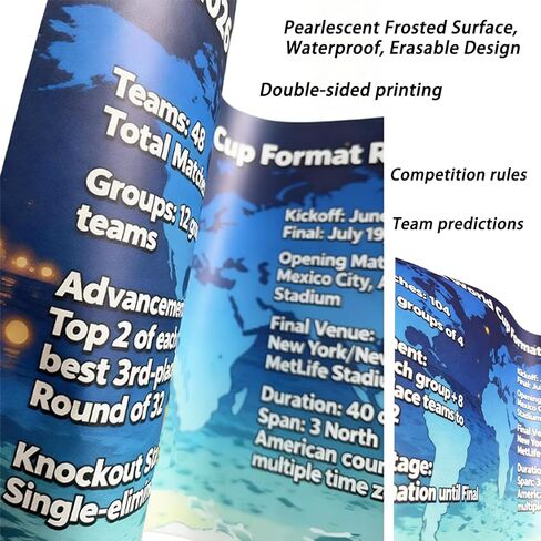 ملصق جدول كأس العالم، بضائع كأس العالم، طباعة مزدوجة الجوانب، بدون تجعد، جدول زمني مقاوم للماء، قابل للمسح، جدول بطولة كرة القدم 2026 ومخطط معلومات الفريق، ملصق هدايا لمحبي كرة القدم in Kuwait