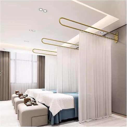 U-Shape Room Divider Curtains & Rod Set - Wall-Mounted White Fabric Privacy Screen for Beauty & Therapy Beds - Metal Support Rail, 6.5ft Black Pole, Ideal for Studios & Clinics in Saudi Arabia