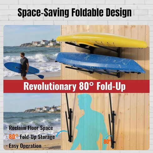 Folding Kayak Wall Rack, 240 lbs Heavy Duty Garage Storage Hanger, 2-Tier Adjustable Mount with 304 Stainless Steel Hardware, Fits Canoe, SUP & Surfboard - Black in Kuwait