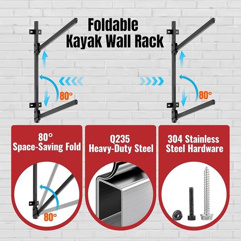 Folding Kayak Wall Rack, 240 lbs Heavy Duty Garage Storage Hanger, 2-Tier Adjustable Mount with 304 Stainless Steel Hardware, Fits Canoe, SUP & Surfboard - Black in Kuwait