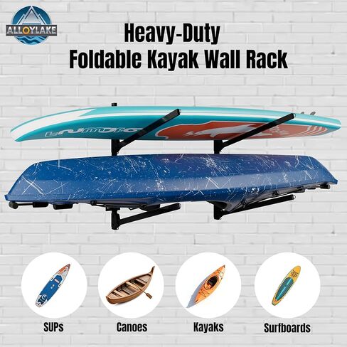 Folding Kayak Wall Rack, 240 lbs Heavy Duty Garage Storage Hanger, 2-Tier Adjustable Mount with 304 Stainless Steel Hardware, Fits Canoe, SUP & Surfboard - Black in Kuwait