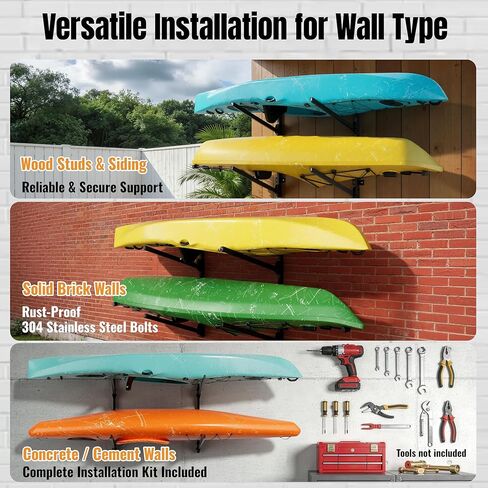 Folding Kayak Wall Rack, 240 lbs Heavy Duty Garage Storage Hanger, 2-Tier Adjustable Mount with 304 Stainless Steel Hardware, Fits Canoe, SUP & Surfboard - Black in Kuwait