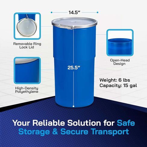 Air Sea Containers - 15 Gallon Open-Head UN Rated Plastic Drum w/Ring Lock Lid - Lightweight, Versatile & Durable Storage Buckets With Lids in Kuwait