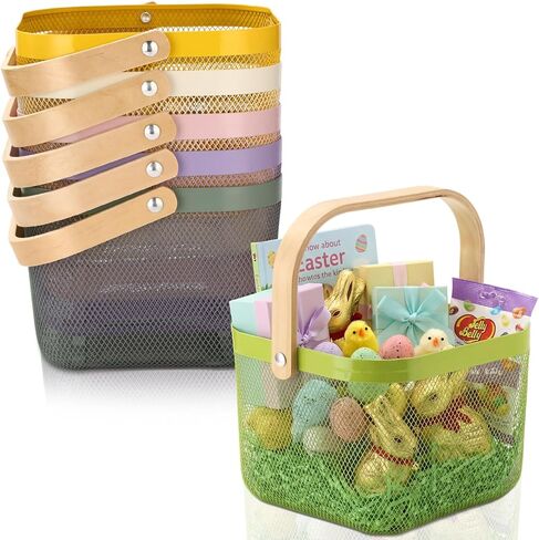 Roshtia White Metal Mesh Basket with Wooden Handle, Square Wire Storage Basket for Pantry, Bathroom, Kitchen Counter, Retail Display, 9.65 x 9.65 x 7.09 in in Saudi Arabia