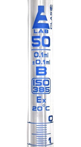 سحاحة EISCO، 50 مل - الفئة ب، DIN ISO 385، زجاج بوروسيليكات مع محبس مفتاح زجاجي، 0.10 مل in Saudi Arabia