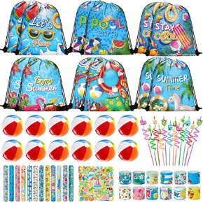 98 PCS Pool Party Party Favors Carphstring Party Party Party Favors Goodie حقائب مع قش شرب ملصقات أساور صفعة لاستلواحات Pool Party Supplies in Kuwait