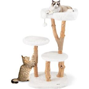 Tangkula Cat Tree Tower, Solid Wood Modern Cat Tower with Top Cattail Basket Bed, Side Perch, Large Platform & Condo, Cute Cat Tree with Scratching Posts for Indoor Cats Large Adult in Kuwait