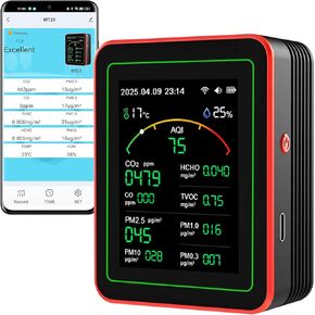 Air Quality Monitor Home Indoor - 15-in-1 Professional Air Meter with HCHO, CO2, PM, TVOC, AQI, Temperature & Humidity, Real-Time Display, App Control, Portable, Accurate for Home & Office Use in Kuwait