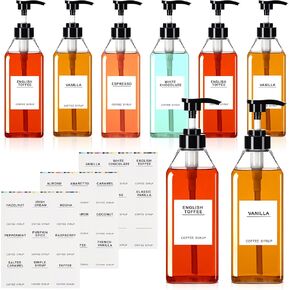 Nuogo 6 Pcs Coffee Syrup Dispenser Bottles Set 750ml, 500ml, 300ml, 150ml PET Black Syrup Bottles with Pump Dispenser 27 Labels for Coffee Bar Kitchen Accessories Portable Travel(16.9 oz,Square) in Kuwait