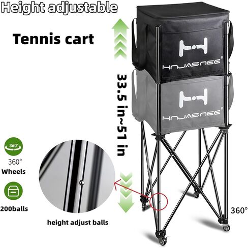 قادوس كرة تنس قابل للطي وقابل للتعديل، سلة ذات سعة كبيرة تحمل 200 كرة، علبة كرة بيكلبول مطورة مع جيوب وعجلات متعددة الوظائف للتدريب والتعليم in Kuwait