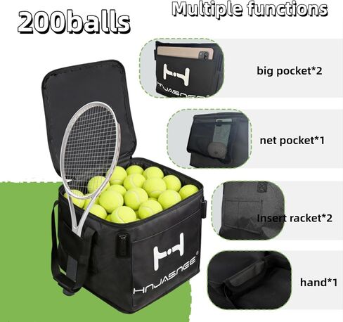 قادوس كرة تنس قابل للطي وقابل للتعديل، سلة ذات سعة كبيرة تحمل 200 كرة، علبة كرة بيكلبول مطورة مع جيوب وعجلات متعددة الوظائف للتدريب والتعليم in Kuwait