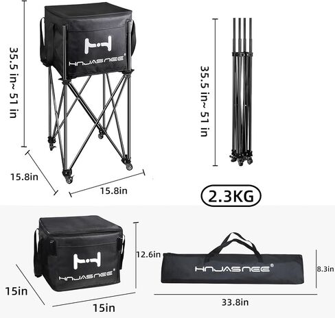 قادوس كرة تنس قابل للطي وقابل للتعديل، سلة ذات سعة كبيرة تحمل 200 كرة، علبة كرة بيكلبول مطورة مع جيوب وعجلات متعددة الوظائف للتدريب والتعليم in Kuwait