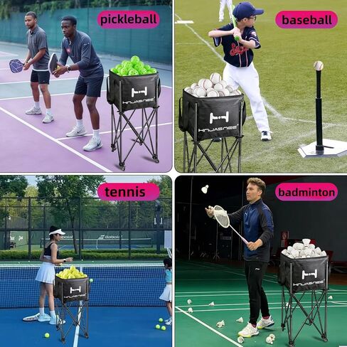 قادوس كرة تنس قابل للطي وقابل للتعديل، سلة ذات سعة كبيرة تحمل 200 كرة، علبة كرة بيكلبول مطورة مع جيوب وعجلات متعددة الوظائف للتدريب والتعليم in Kuwait
