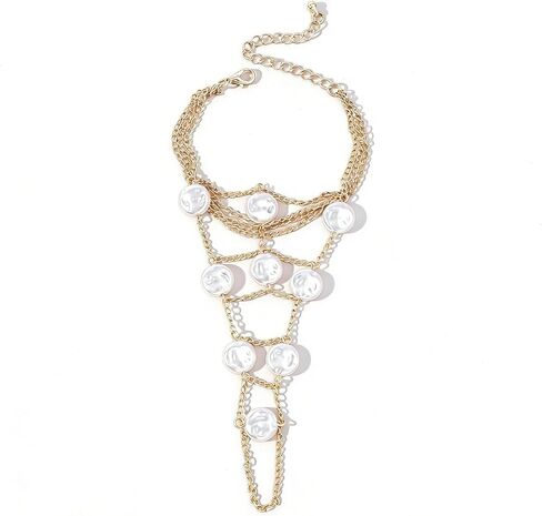 Pearl Finger Ring Bracelet for Women Bohemia Hand Chain Beaded Finger Chain Bracelets Gold Chain Tassel Pearl Bracelet Slave Finger Ring Hand Harness Dainty Jewelry Gifts in Kuwait