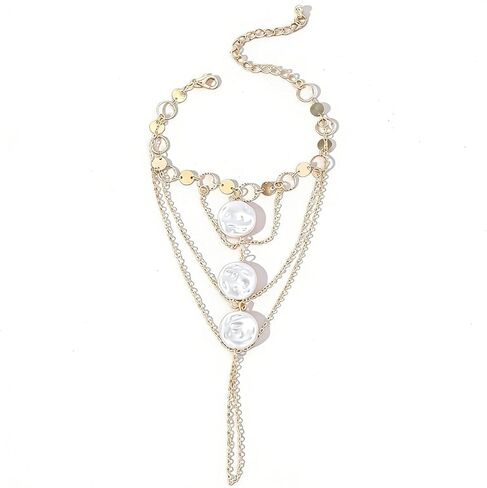 Pearl Finger Ring Bracelet for Women Bohemia Hand Chain Beaded Finger Chain Bracelets Gold Chain Tassel Pearl Bracelet Slave Finger Ring Hand Harness Dainty Jewelry Gifts in Kuwait