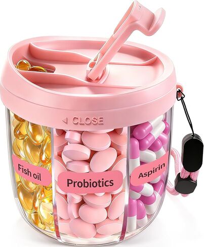 Pill Organizer,Travel Essentials Pill Container, Travel Pill Dispenser with Pink Lid，Pill Case Having 7 Large Compartments,Vitamin Organizer for Home Organization,Travel Containers in Kuwait