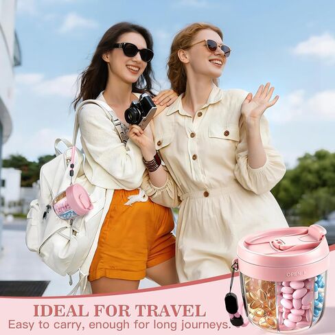 Pill Organizer,Travel Essentials Pill Container, Travel Pill Dispenser with Pink Lid，Pill Case Having 7 Large Compartments,Vitamin Organizer for Home Organization,Travel Containers in Kuwait