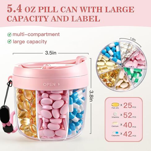 Pill Organizer,Travel Essentials Pill Container, Travel Pill Dispenser with Pink Lid，Pill Case Having 7 Large Compartments,Vitamin Organizer for Home Organization,Travel Containers in Kuwait