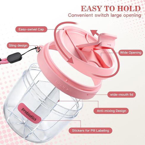 Pill Organizer,Travel Essentials Pill Container, Travel Pill Dispenser with Pink Lid，Pill Case Having 7 Large Compartments,Vitamin Organizer for Home Organization,Travel Containers in Kuwait