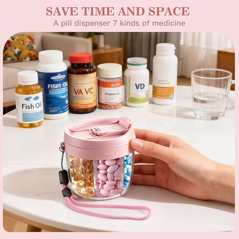 Pill Organizer,Travel Essentials Pill Container, Travel Pill Dispenser with Pink Lid，Pill Case Having 7 Large Compartments,Vitamin Organizer for Home Organization,Travel Containers in Kuwait