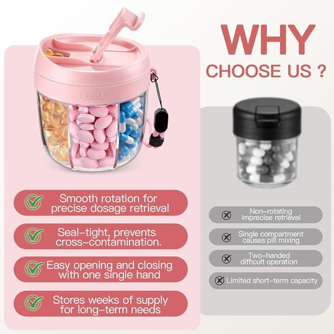 Pill Organizer,Travel Essentials Pill Container, Travel Pill Dispenser with Pink Lid，Pill Case Having 7 Large Compartments,Vitamin Organizer for Home Organization,Travel Containers in Kuwait