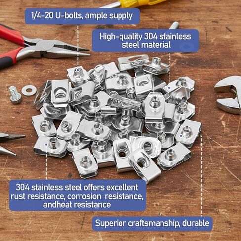 40 PCS 1/4"-20 Stainless Steel Regular Extruded U Nuts, U-Style Clip-On Nut Sliver Stainless Steel U-Type Fasteners in Saudi Arabia