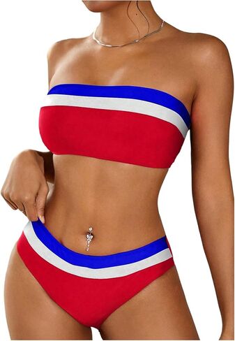 SweatyRocks Women's Strapless Triangle Bikini Set Two Piece Bandeau Swimsuit Color Block Mid Waist Bathing Suits Swimwear in Kuwait