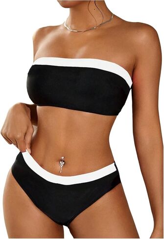 SweatyRocks Women's Strapless Triangle Bikini Set Two Piece Bandeau Swimsuit Color Block Mid Waist Bathing Suits Swimwear in Kuwait