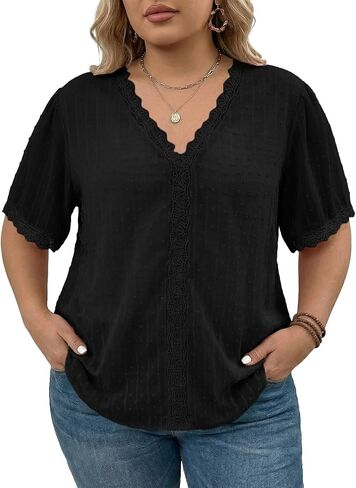 Eytino Womens Plus Size Tops Disual Summer Short Sleeve v Neck Lace Crochet Chiffon Rlostes (1x-5x) in Saudi Arabia
