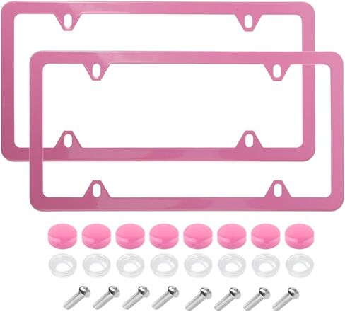 Fashion 4 Holes Super Slim Matte Pink License Plate Frames,Stainless Steel License Plate Covers,Weather Proof License Plate Holder for Women(Super Slim Pink,2PCS) in Kuwait