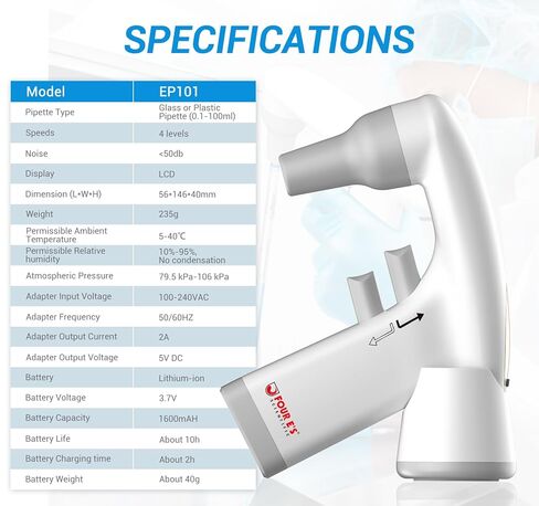 FOUR E'S SCIENTIFIC Electric Pipette Controller 0.1-100mL, Automatic Motorized Pipette Filler with LCD Screen, Adjustable Speed in Kuwait
