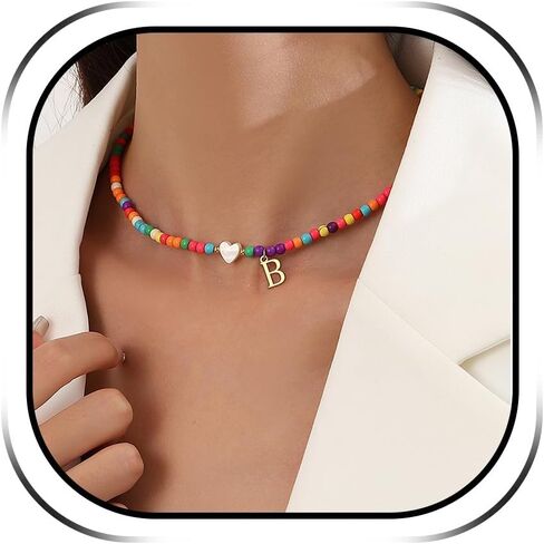 Initial Necklaces for Women Colorful Beaded Necklace 14K Gold Plated Initial Charm Necklace Bohemian Rainbow Beaded Necklace Boho Heart Pendant Choker Necklace Dainty Gold Personalized A-Z Letter Alphabet Choker Birthday Jewelry Gifts in Kuwait