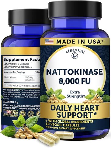 Lunakai USA Made Nattokinase Supplement – 400mg Natto Enzyme, 8000 FU per Serving – Heart & Circulation Support – Non-GMO, 60ct, 4000 FU Capsule in Kuwait